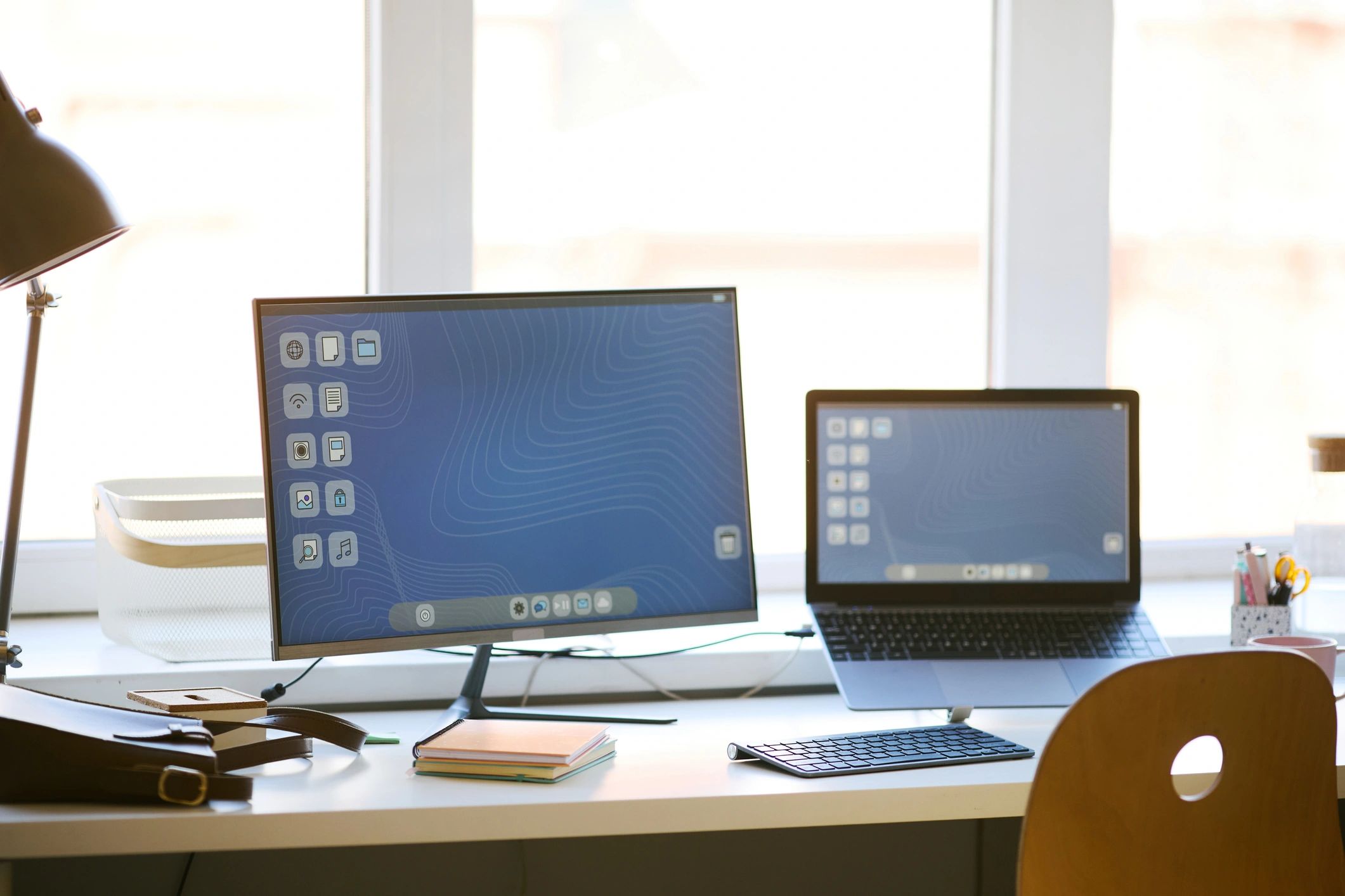 Creative workspace with desktop monitor and laptop